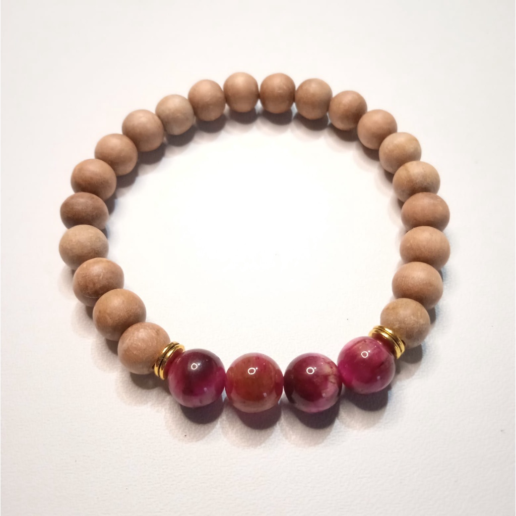 Gelang Batu Original Handmade Kayu Cendana Kombinasi Batu Alam Pink Tiger Eye