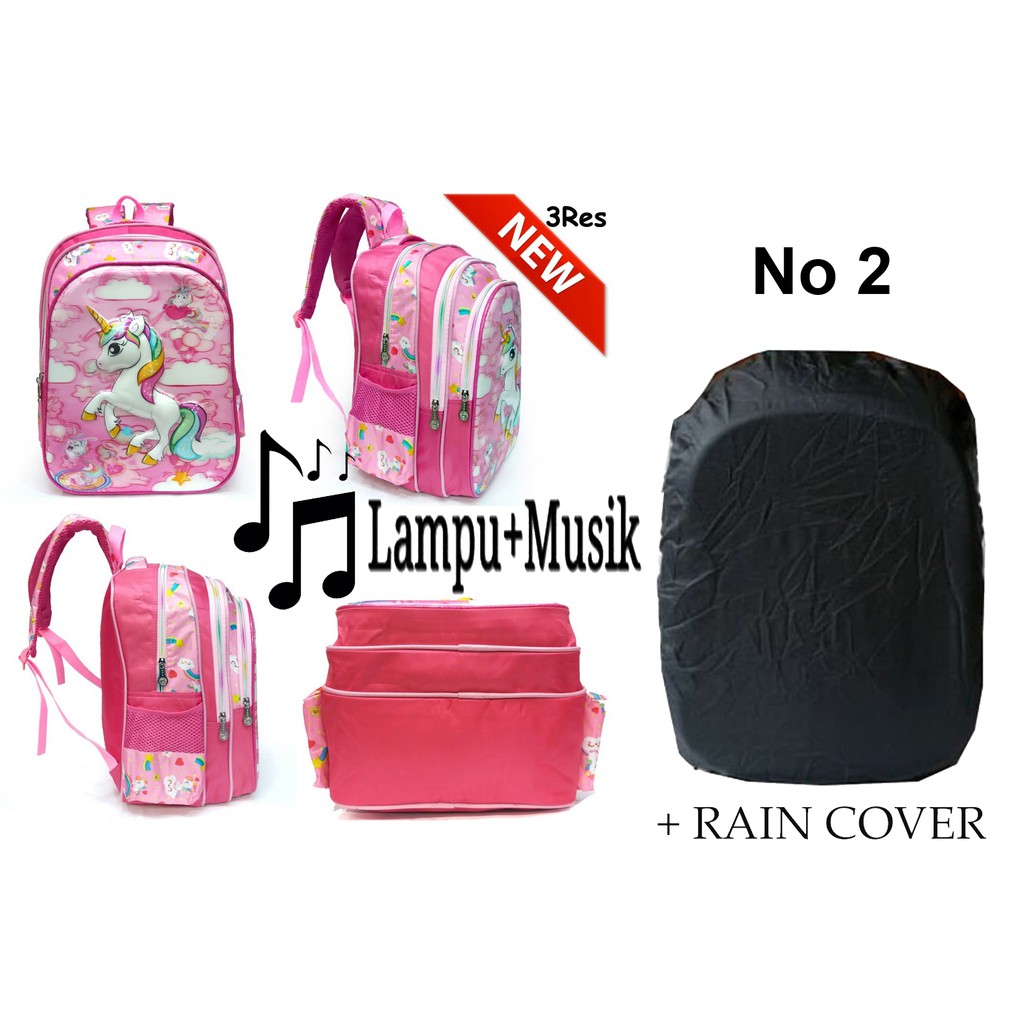 PROMO FREE RAIN COVER Ransel SD 16inch LAMPU DAN MUSIK 5D Timbul Hologram 3 Kantung Besar Import