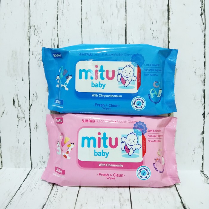 Mitu Baby Wipes isi 20 Sheets Pink Chamomile Biru Non Alcohol