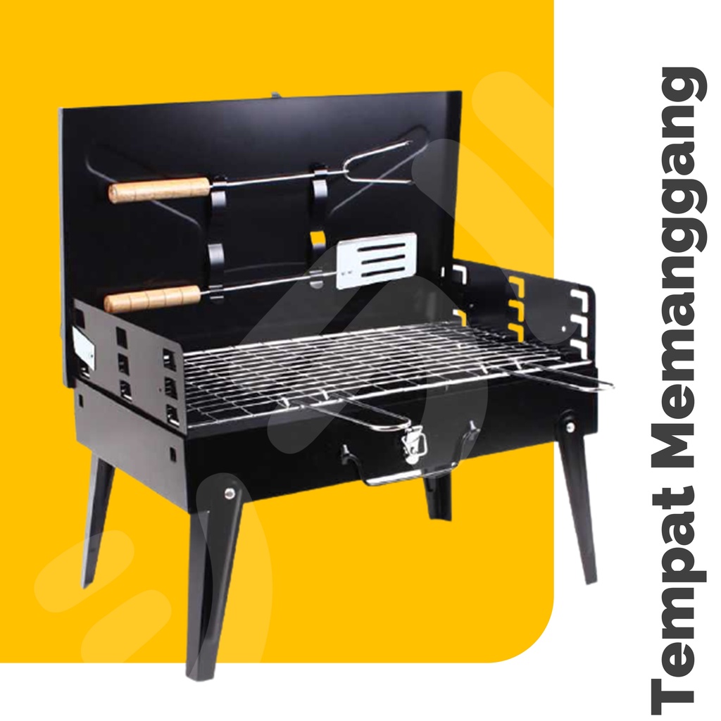 Alat Panggang Lipat Portable Arang Sate BBQ Bakar Koper Outdoor Grill Stove Bonus Spatula + Dwisula