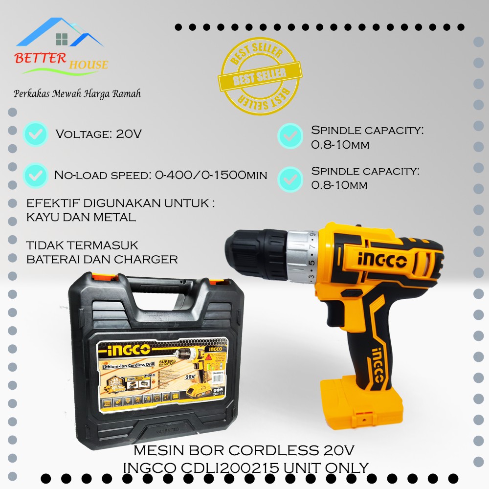 MESIN BOR CORDLESS 20V MESIN BOR BATERAI 20V INGCO CDLI200215 UNIT AJA