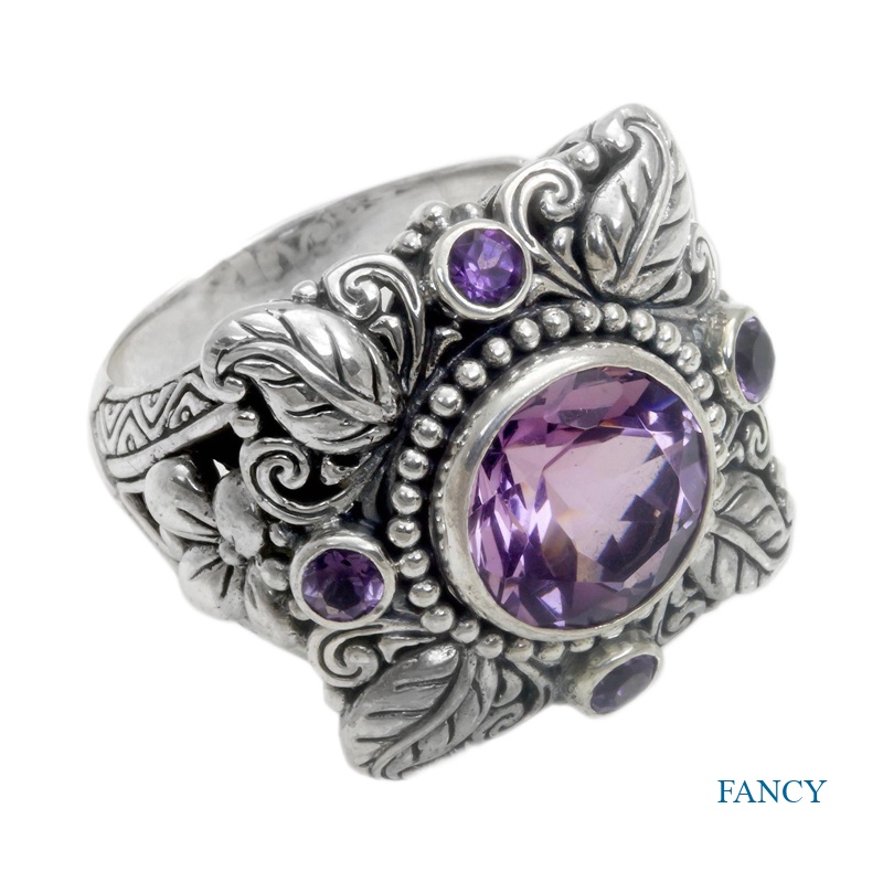 Cincin Meditasi Desain Bunga Amethyst Warna Silver