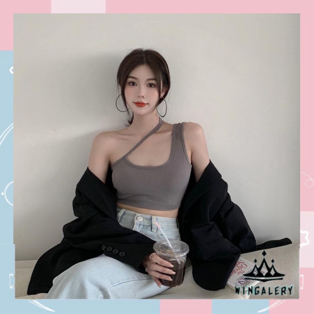 WINGALERY Tanktop Crop Top Tali Samping Korean Cross Tanktop Stylish Wanita Toga Padded Tanktop Crop Tanktop Bra With Cup Tanpa Kawat Import 1108