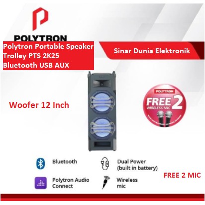 Polytron Speaker Portable Free 2 Mic Wireless PTS 2K25 PTS2K25 Trolley