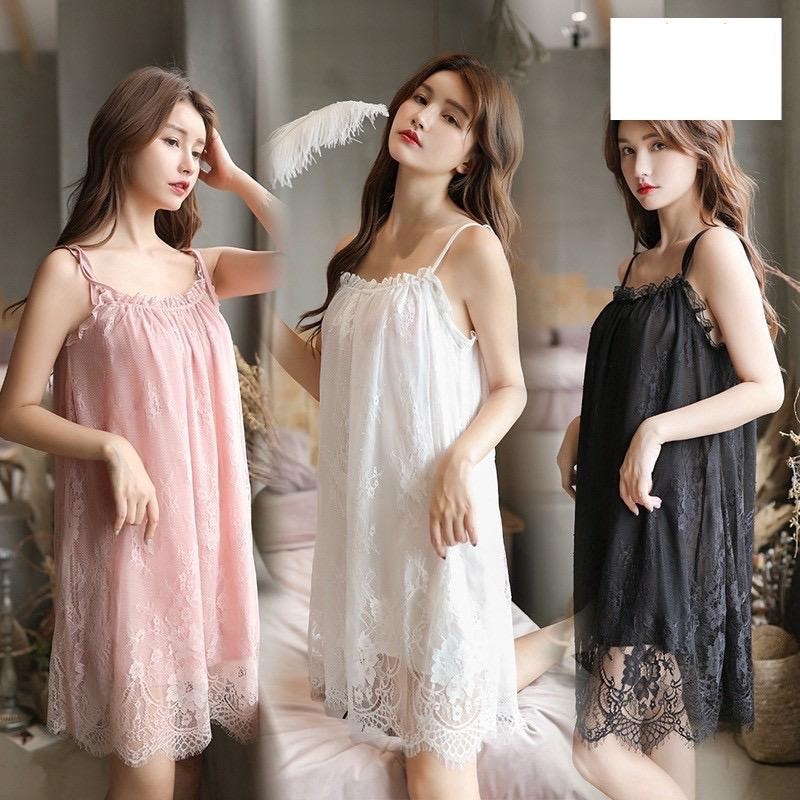 Miss H ~ 124 Set Dress Lingerie Wanita Bahan Lace Baju Tidur Tanpa Lengan