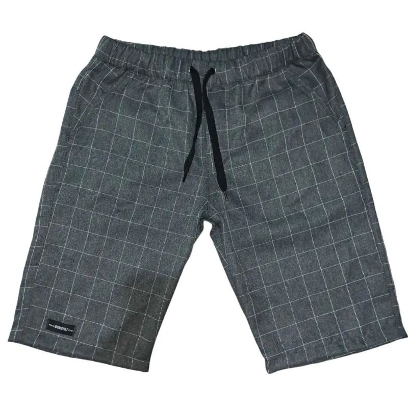 celana pendek pria tartan kotak abu pinggang karet