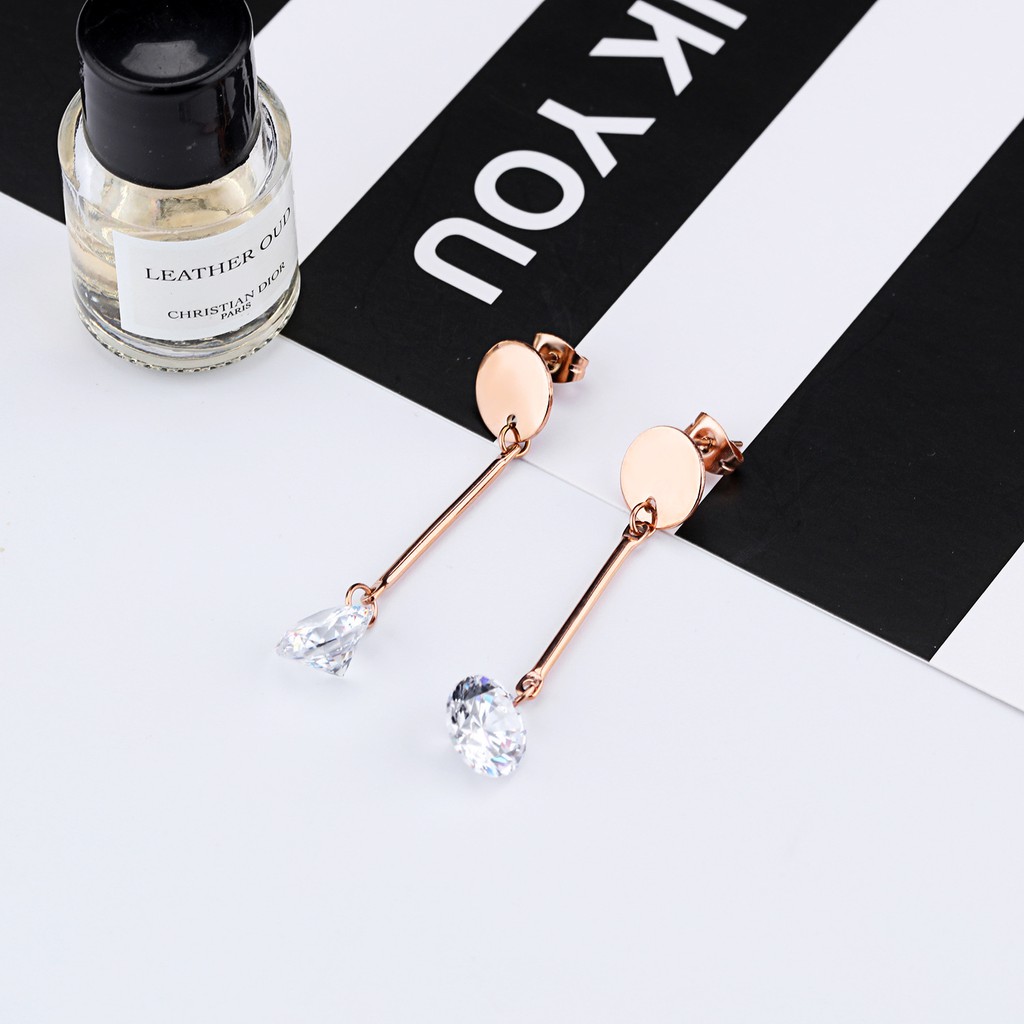 Anting Titanium Rose Gold Asli Wanita Fashion Anti Karat Murah AA013 motif sederhana juntai bawah