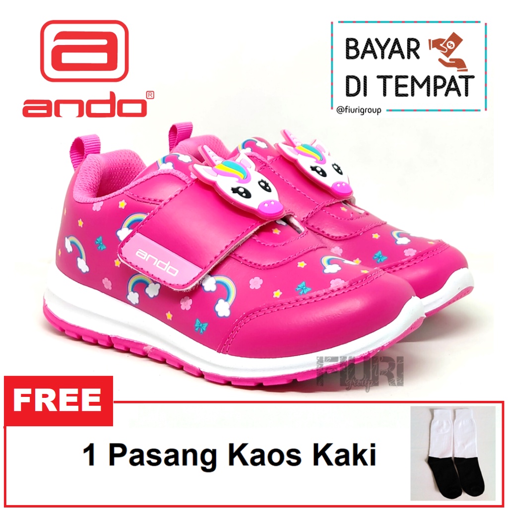 FIURI - ANDO ORIGINAL -  ELINA PEREKAT 29-32 PINK - SEPATU SNEAKERS KANVAS SOL KARET ANAK KECIL PEREMPUAN  - SEPATU UNICORN KETS LUCU FASHION TRENDY - SEPATU SEKOLAH PAUD TK KRETEKAN PEREKAT CEWEK MURAH PROMO DISKON BONUS KAOS KAKI