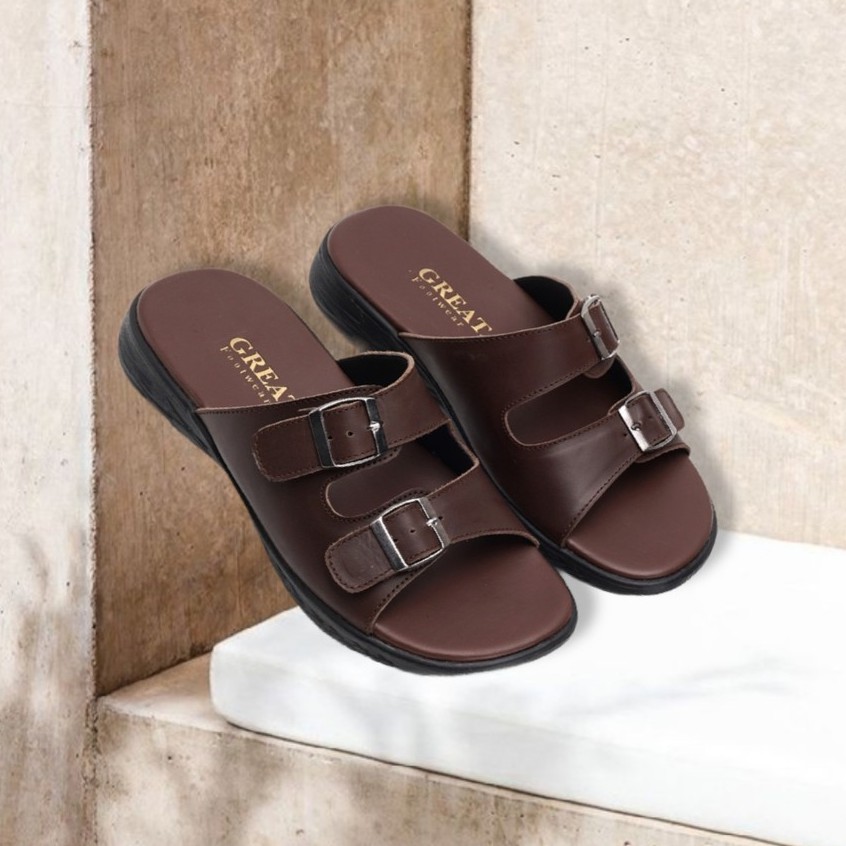 Mozza Brown | Sendal Slide Kulit Original Santai Kasual Pria Cowok Sandal Footwear | FORIND x Greata