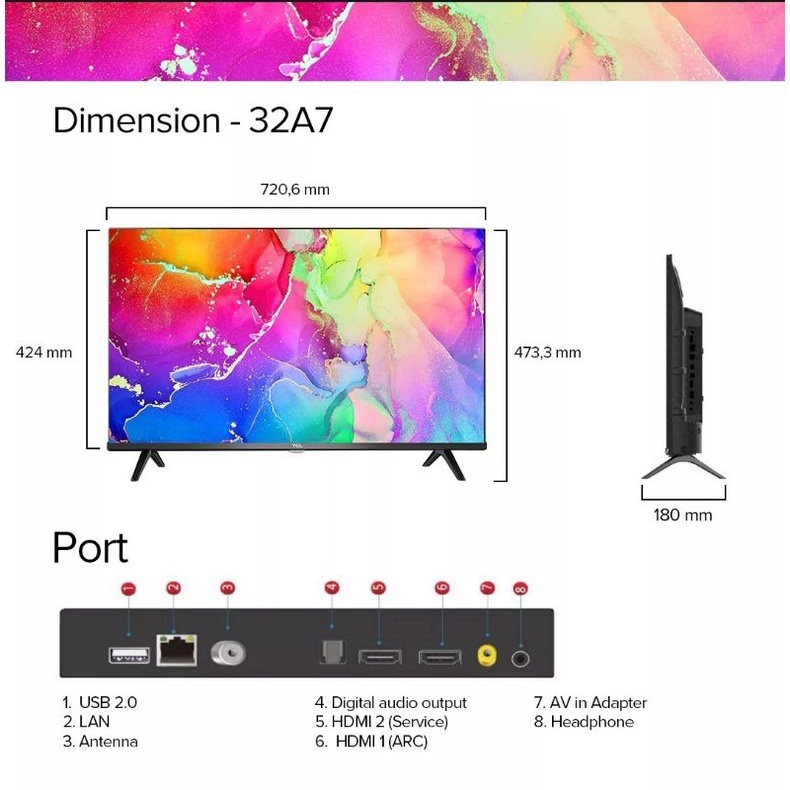 Smart TV Android TCL 32A7 32 Inch Digital TV Android 11 Garansi Resmi(MEDAN/LUAR KOTA)