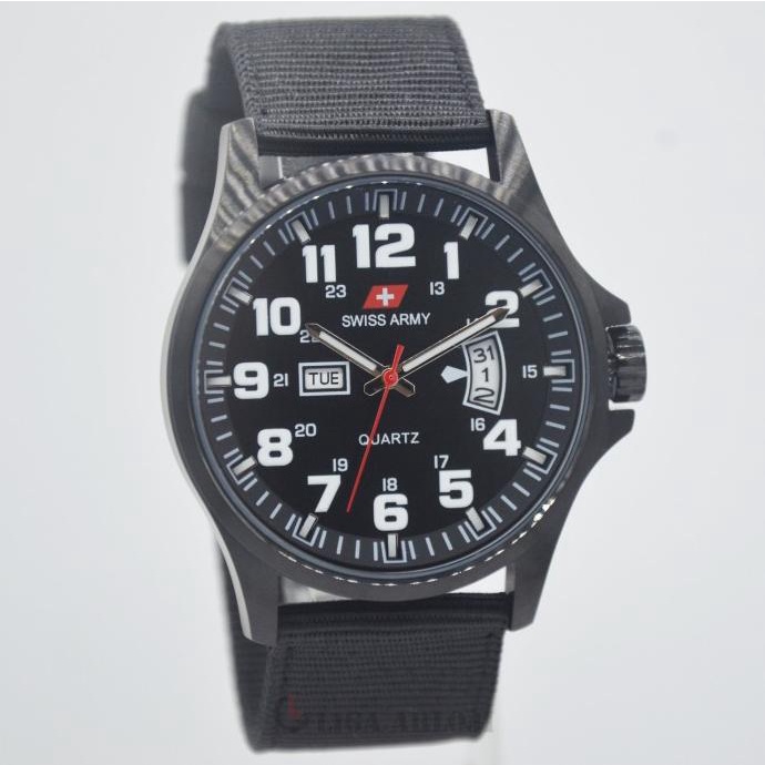 Swiss Army Jam Tangan Pria Kanvas / Nylon 954 Tanggal Hari All Black Termurah