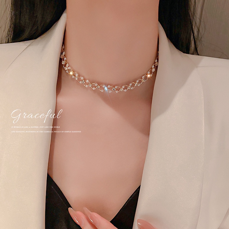 YEEZII Korean Sweet Pearl Choker Necklace Gold Hollow Chain Necklace for Women Accessories Jewelry Gift