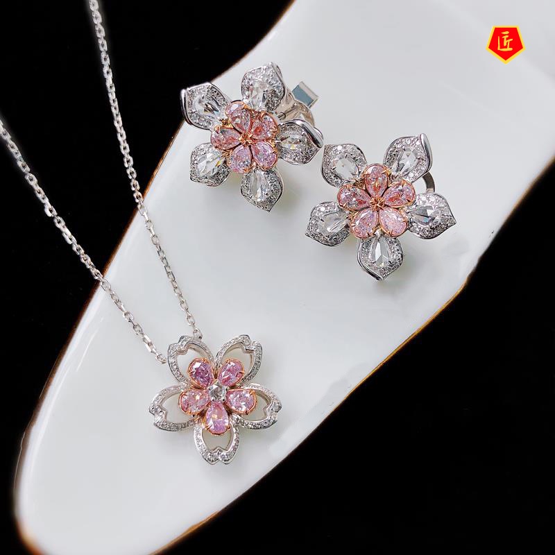 [Ready Stock]Cherry Blossom Pink Diamond Set Open Rings Ear Studs Necklace