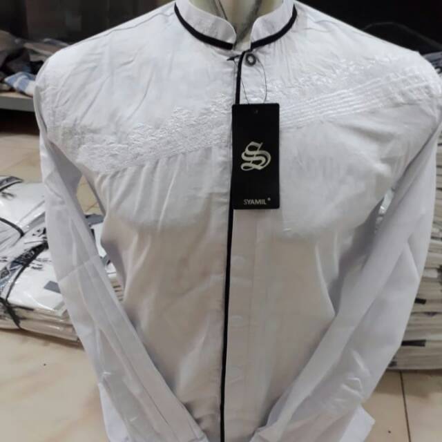 Baju Koko Dewasa Putih Bordir Lengan Panjang Manset