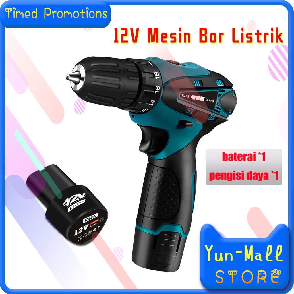 【COD+dalam stok+Pengiriman Cepat】12V Mesin Bor Baterai Cordless Drill 10MM Mesin Bor 12VCordless Drill set /  Listrik Dual Speed Cordless Drill Set Dua Kecepatan Bor Listrik Obeng Elektrik Batteries Pengisi daya  bor charg