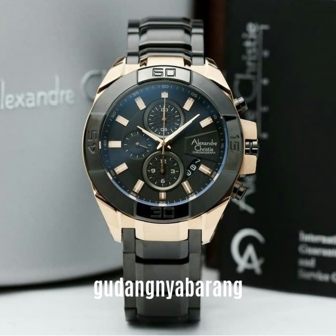 JAM TANGAN PRIA - LAKI - COWOK ALEXANDRE CHRISTIE AC 6224 ROSE GOLD BLACK HITAM ORIGINAL