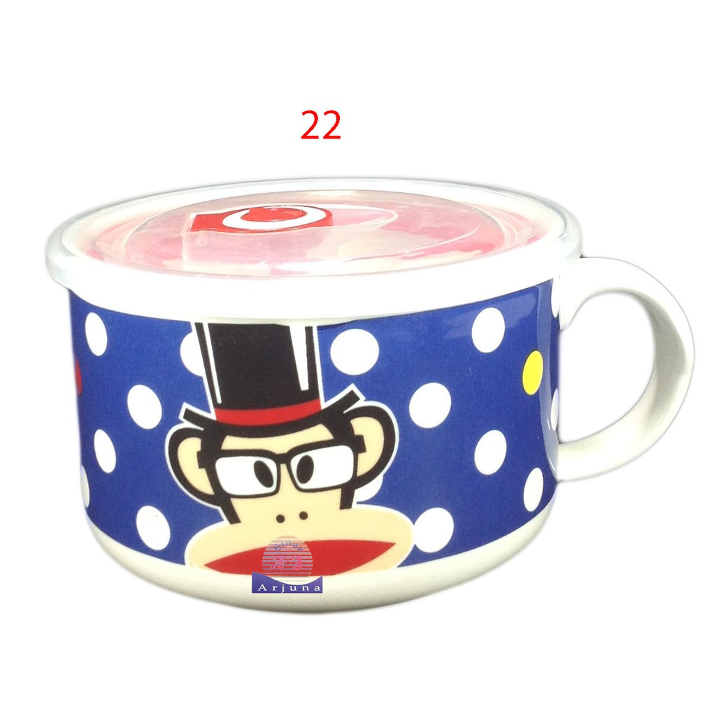 mug mangkok keramik  karakter lucu doraemon minion tempat bakso dan mie tutup srikon