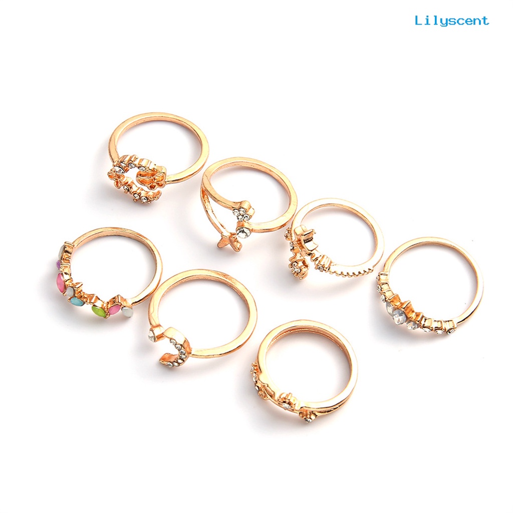 Lc 7Pcs / Set Cincin Model Terbuka Desain Kupu-Kupu + Bunga Nyaman Ringan Untuk Wanita