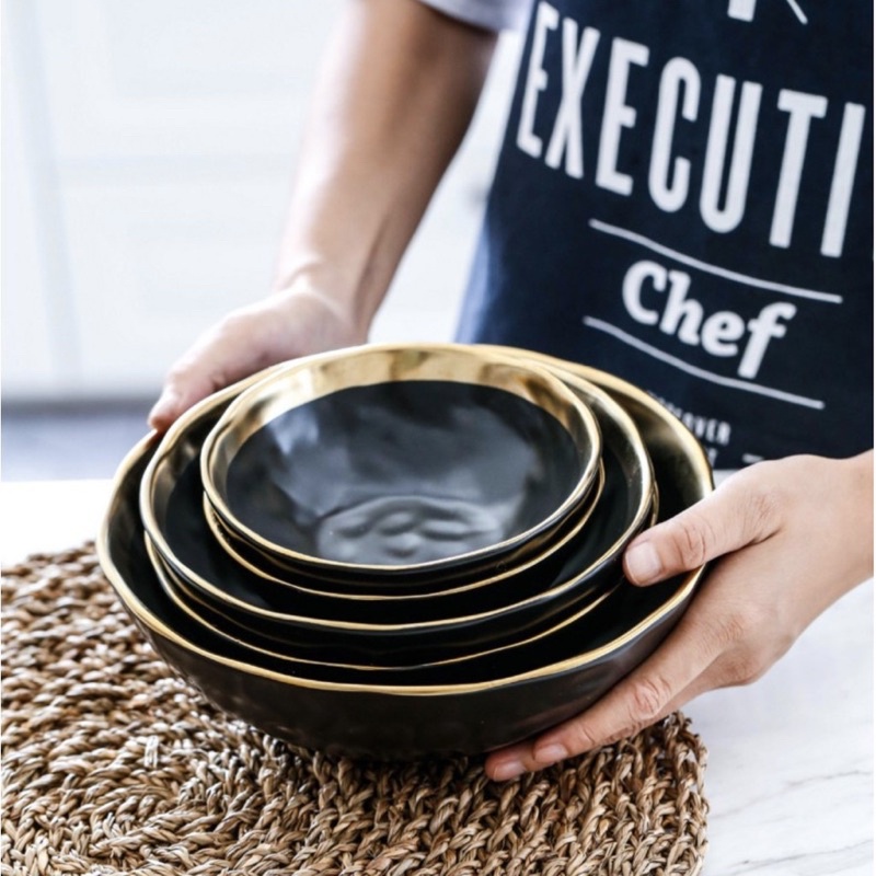 Gold Rim Black Matte bowl Ceramic Tray mangkok makan