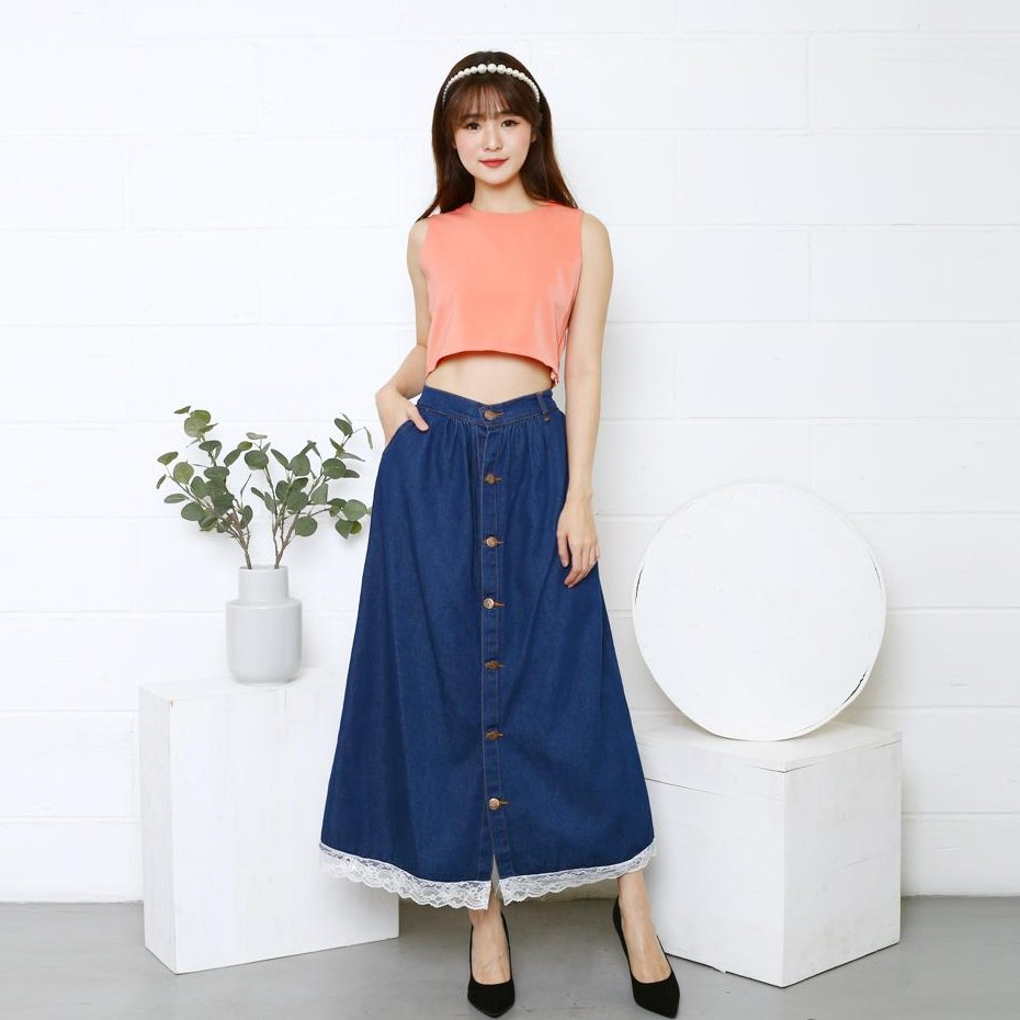 HOPYLOVY - Rok Jeans Panjang Rok Jeans Wanita Kancing Button Up Daniza Bawah Renda