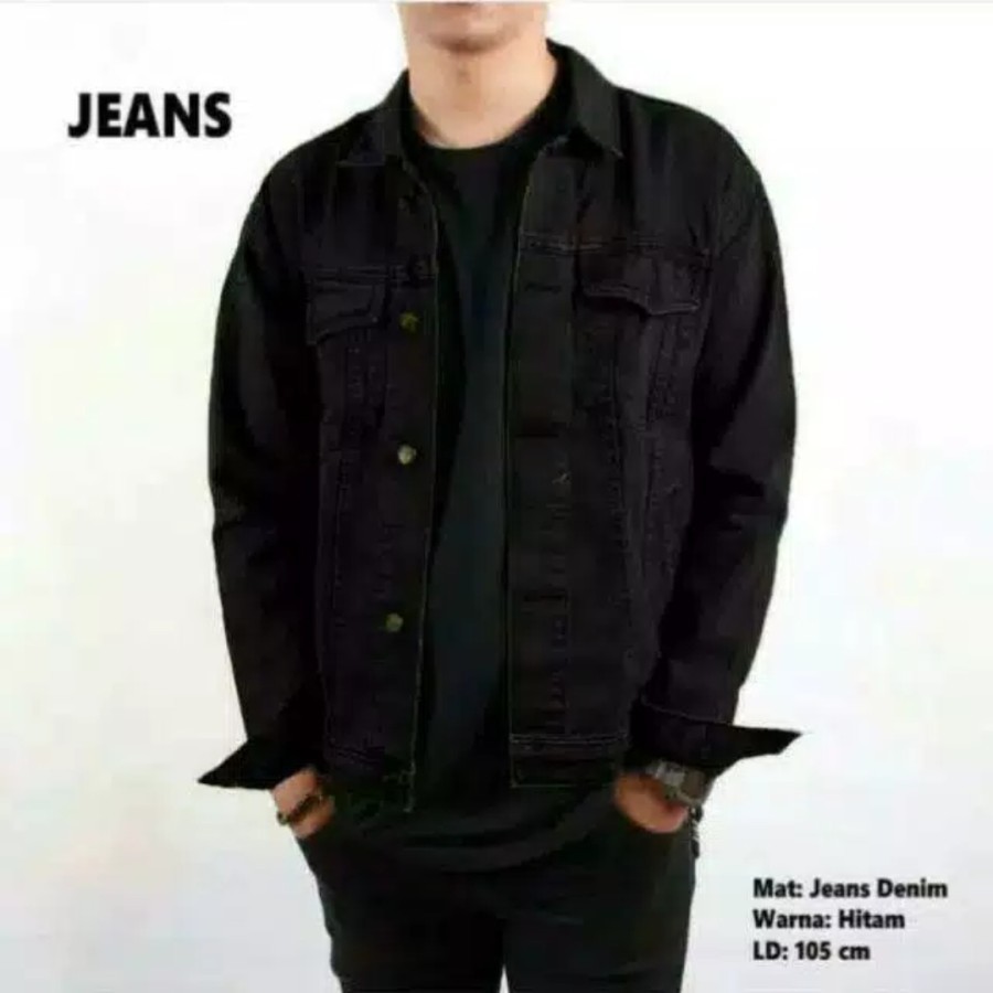 Jaket Jeans Warna Hitam Kerah Saku Dalam Lengan Panjang Bahan Denim