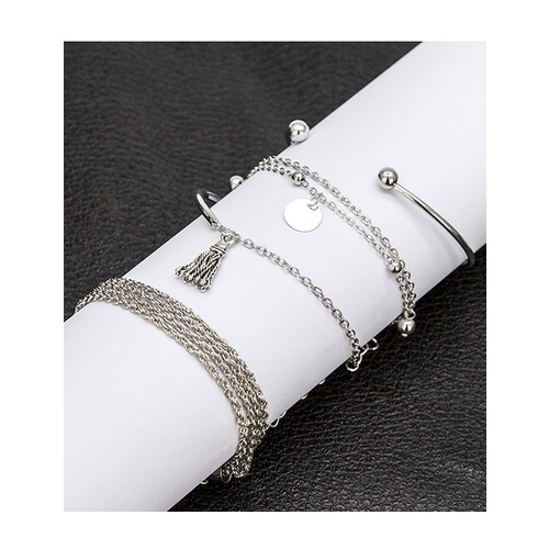 LRC Gelang Tangan Fashion Silver Chain Tassel Round Alloy Multi-layer Bracelet A61277