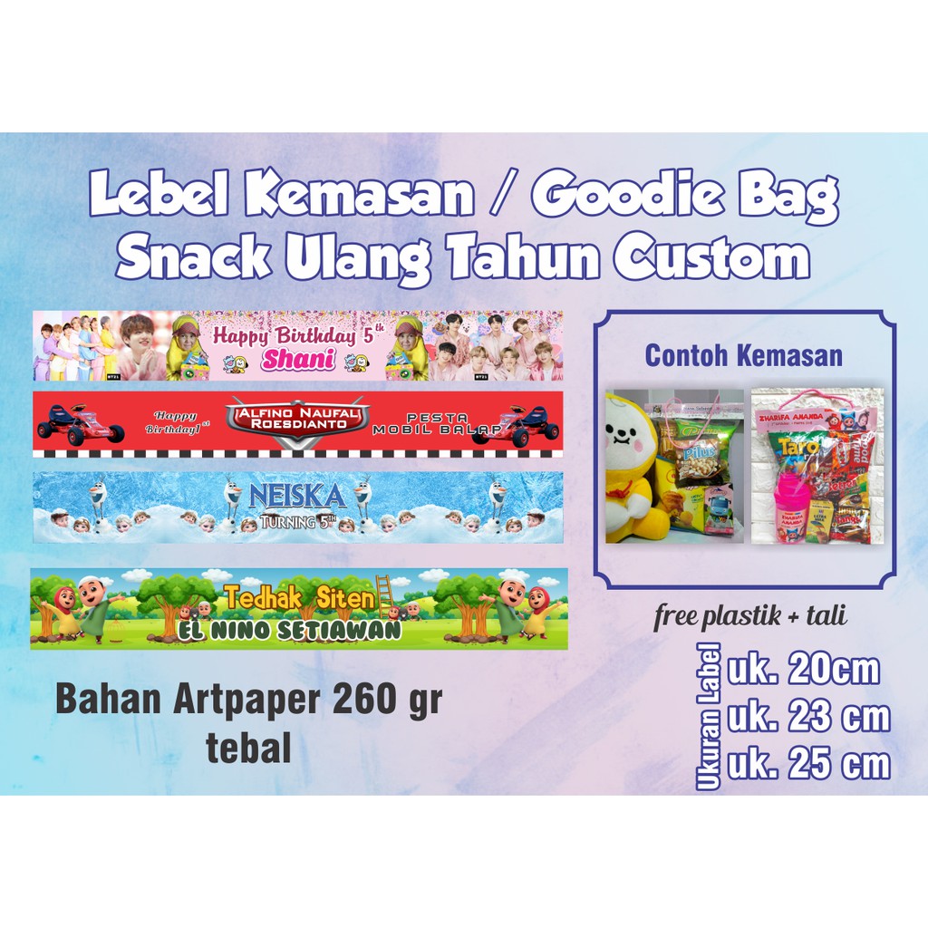 

Lebel Kemasan / Goodie Bag Snack Ulang Tahun Custom Label snack ultah / plastik ultah / tas jajan
