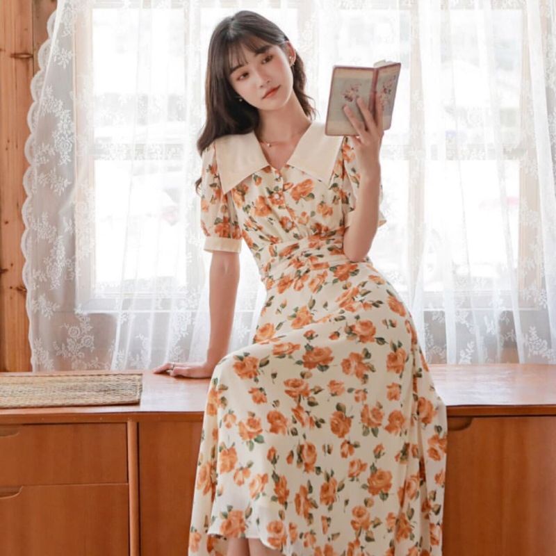 DRESS IMPORT KOREAN DRESS LONG DRESS DRESS IMPORT BUNGA DRESS WANITA KOREA (D10162)