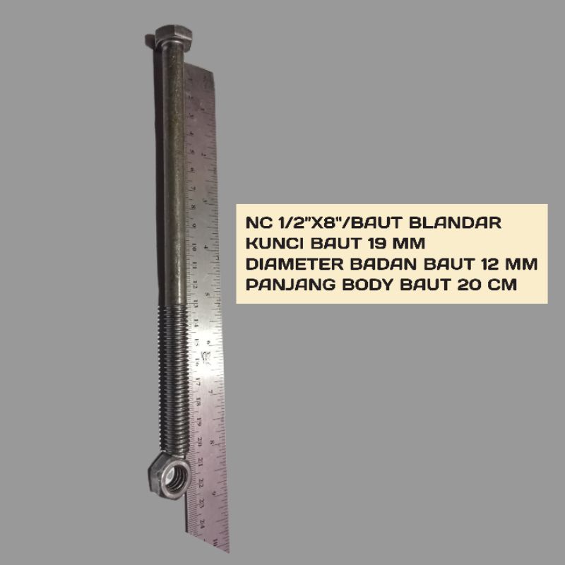 BAUT BLANDAR 8 INCH KUNCI 19 PANJANG 20 CM-Baut Mur Balok Kayu  NC 1/2X8