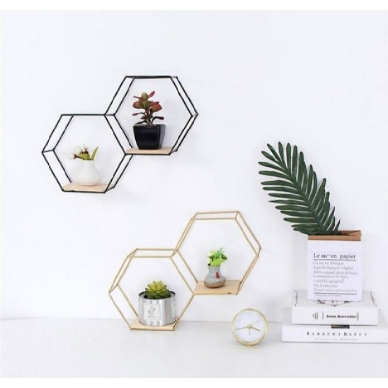 Rak Dinding Hexagonal Besi Dan Kayu 1 set (2pcs) Berjajar 3 Dimensi