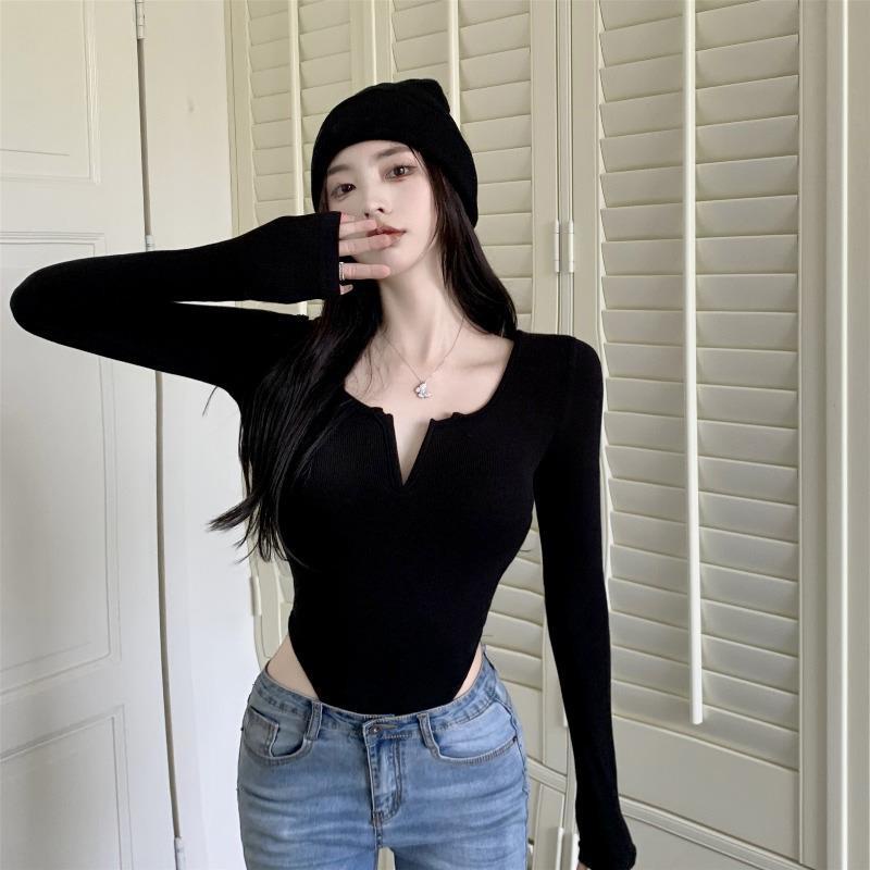 sexy black v-neck bottoming shirt kaos lengan panjang wanita yang pas ketat keinginan murni