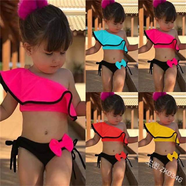 Bikini Plain Ruffle 2Pcs With Ribbon/ Setelan Baju Renang Anak Perempuan