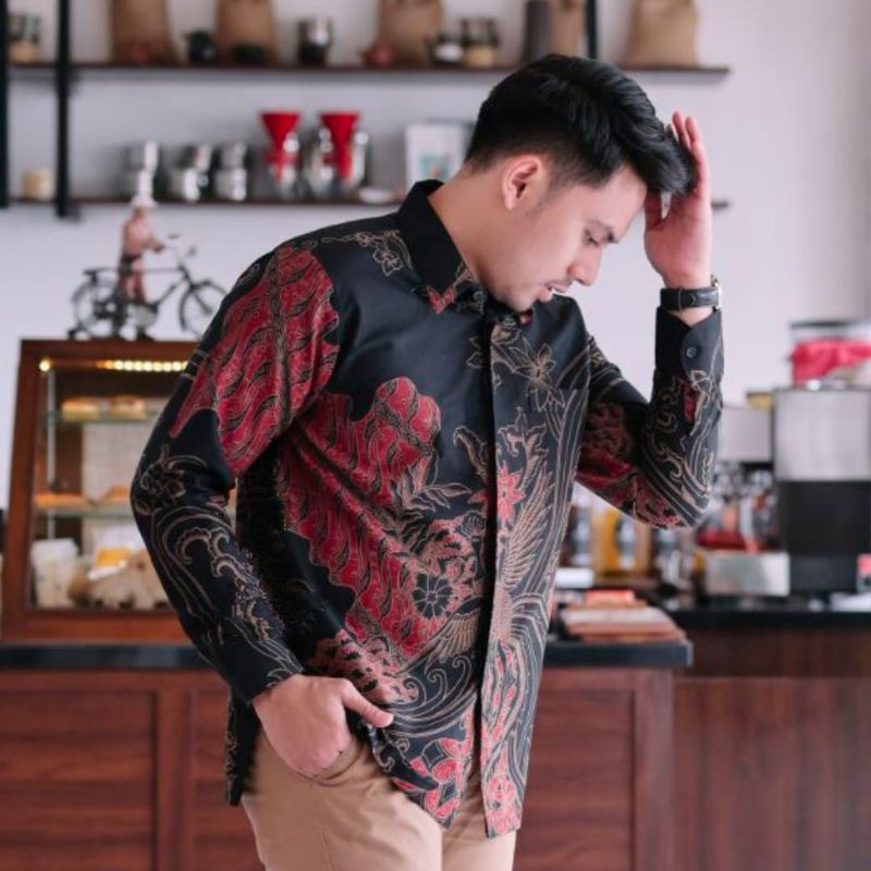 Kemeja batik pria PREMIUM batik lengan panjang/pendek warna merah baju batik cowok terbaru seling