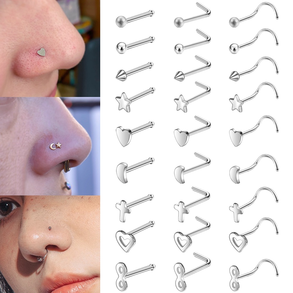 1 Pc Stainless Steel Nose Stud Heart Star Nose Piercings Cross Nose Ring L Shape Nostril Piercing Jewelry 20G