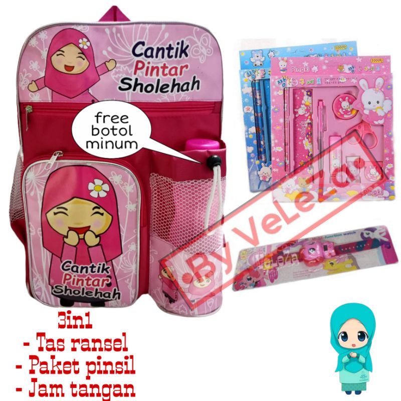 Tas anak ransel perempuan muslimah gratis paket pinsil jam tangan botol minum - tas anak