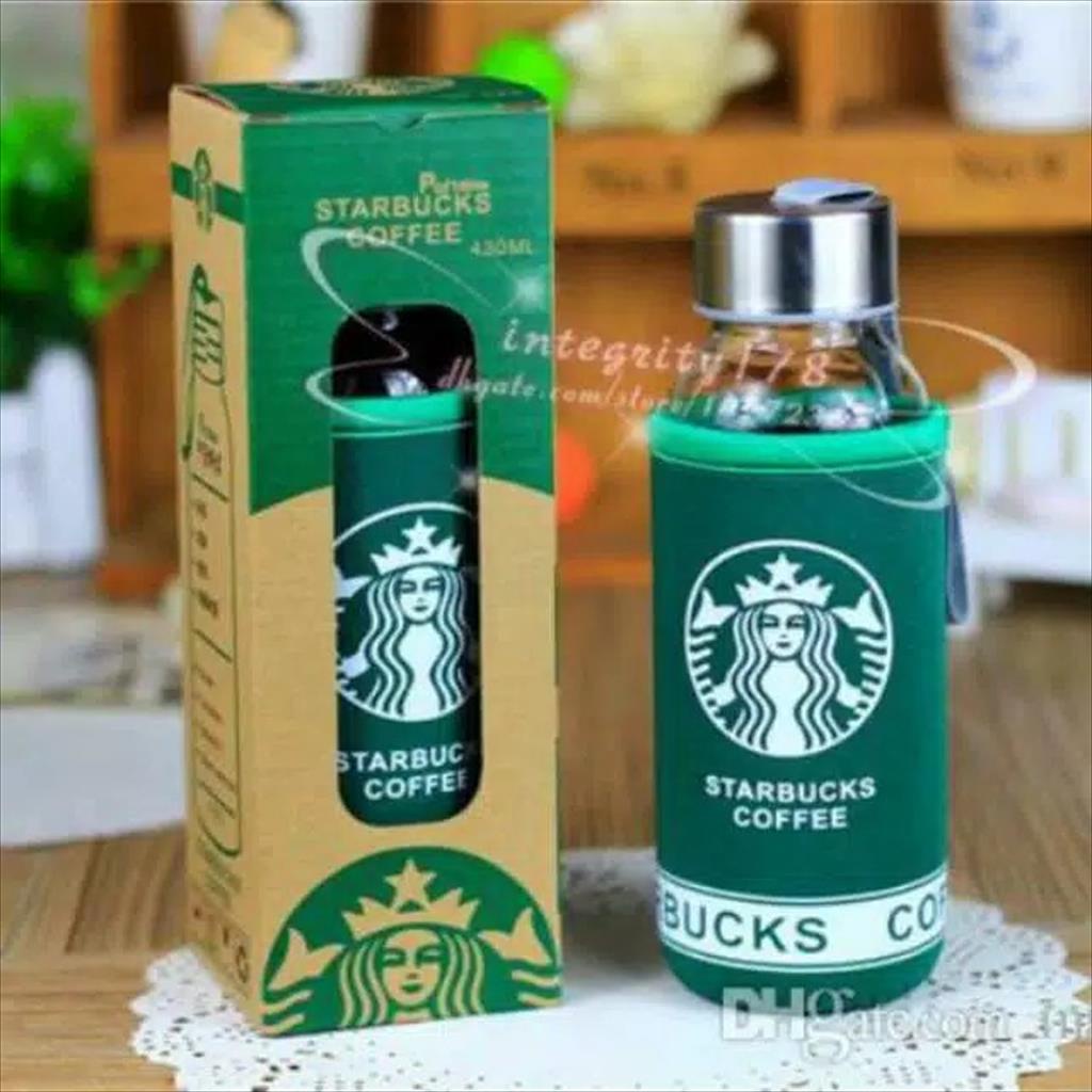 LS 022 - Botol Minum Tumblr Kaca Starbuck 300ML + SARUNG POUCH