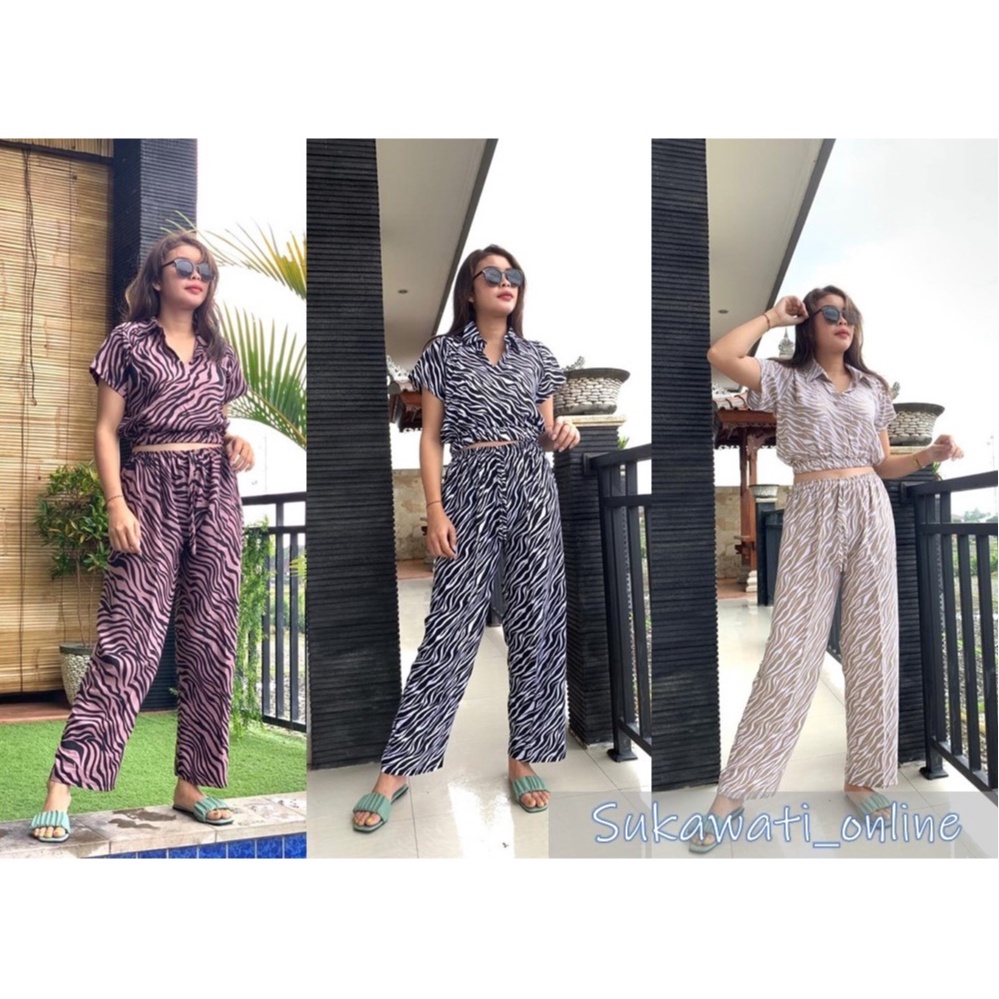 Setelan Crop Top Rayon Motif Zebra ( Crop top + Kulot )