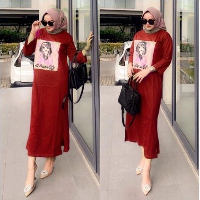 Terbaru Long Dress Atika Fashion Combed Maxi Dress Kaos Sablon Mewah Elegant Dress Wanita Kekinian D