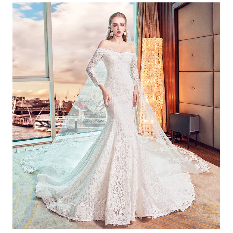 Gaun Pengantin 0301117 Putih Mermaid Lengan Panjang Ekor