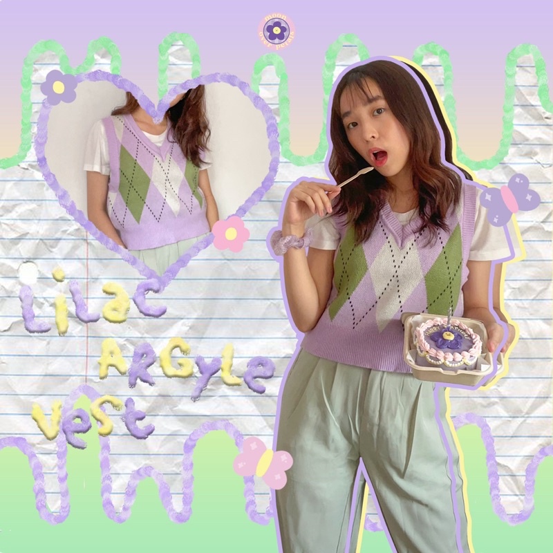 [READY STOCK] LILAC ARGYLE VEST rompi rajut sweater ungu v-neck gaya korea korean style wanita