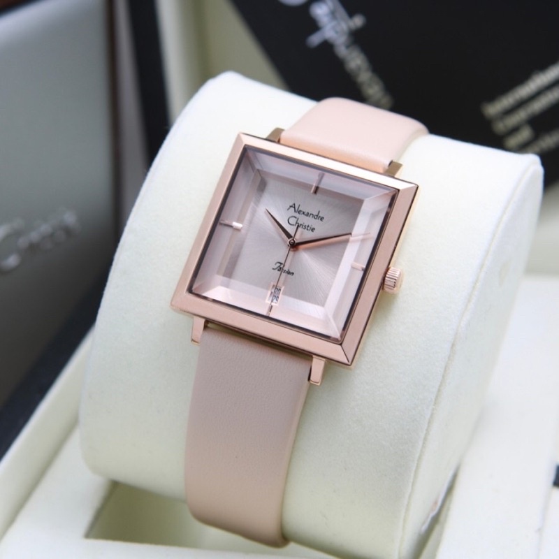 JAM TANGAN WANITA TALI KULIT AC 2987 KOTAK PRISMATIK