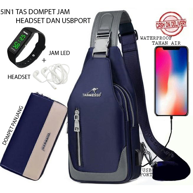 TANMESSO 6in1 BAYAR DITEMPAT-BONUS JAM LED,DOMPET &amp; NUTDRIVER&amp;HEADSET&amp;USBPORT- TAS SELEMPANG PRIA