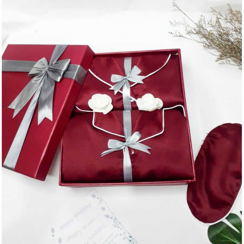 Giftbox Hampers Piyama Couple Premium Satin Silk Lengan Panjang Celana Panjang / Gift Wedding / Seserahan