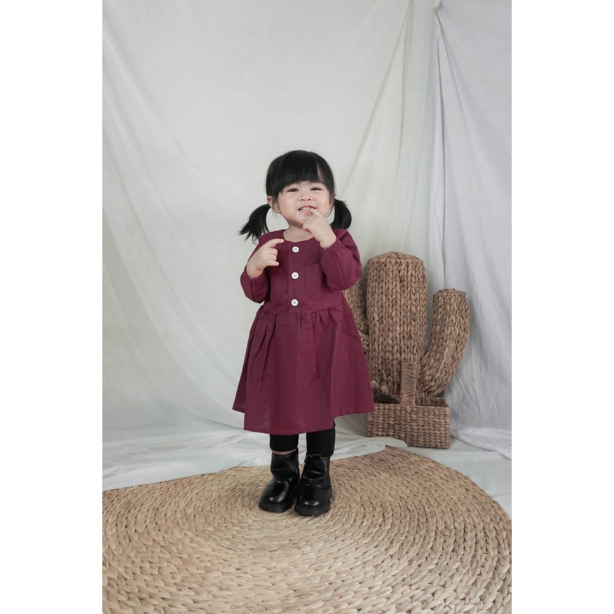 (Capung Kidswear) Dres Anak Polos Katun Rami Tangan Panjang Kimiko (1-6 tahun)