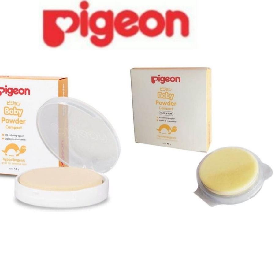 ↳ Pigeon Bedak Padat Bayi - Baby Compact Powder Cake Chamomile White Set - Refill + Puff 45Gr ボ