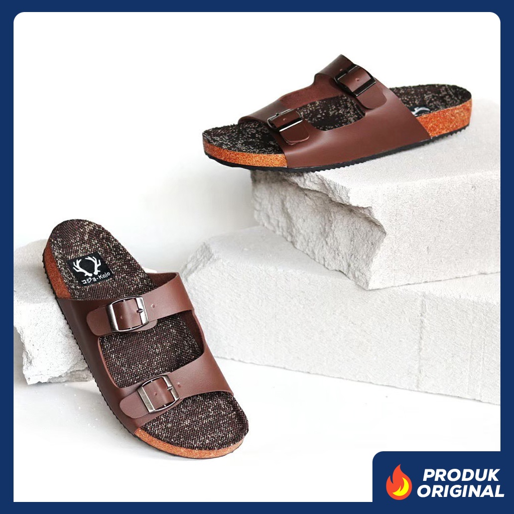 KENICHI II BROWN x KOJO Sandal Casual Coklat Pria Sendal Slide Jalan Santai Harian Hangout Main Slop Kerja Formal Kondangan Lebaran Selop Remaja Dewasa Bapak Bapak Kado Orang Tua Semi Kulit Premium Distro 02 Footwear Ban Tali 2 Strap Keren Terbaru Branded