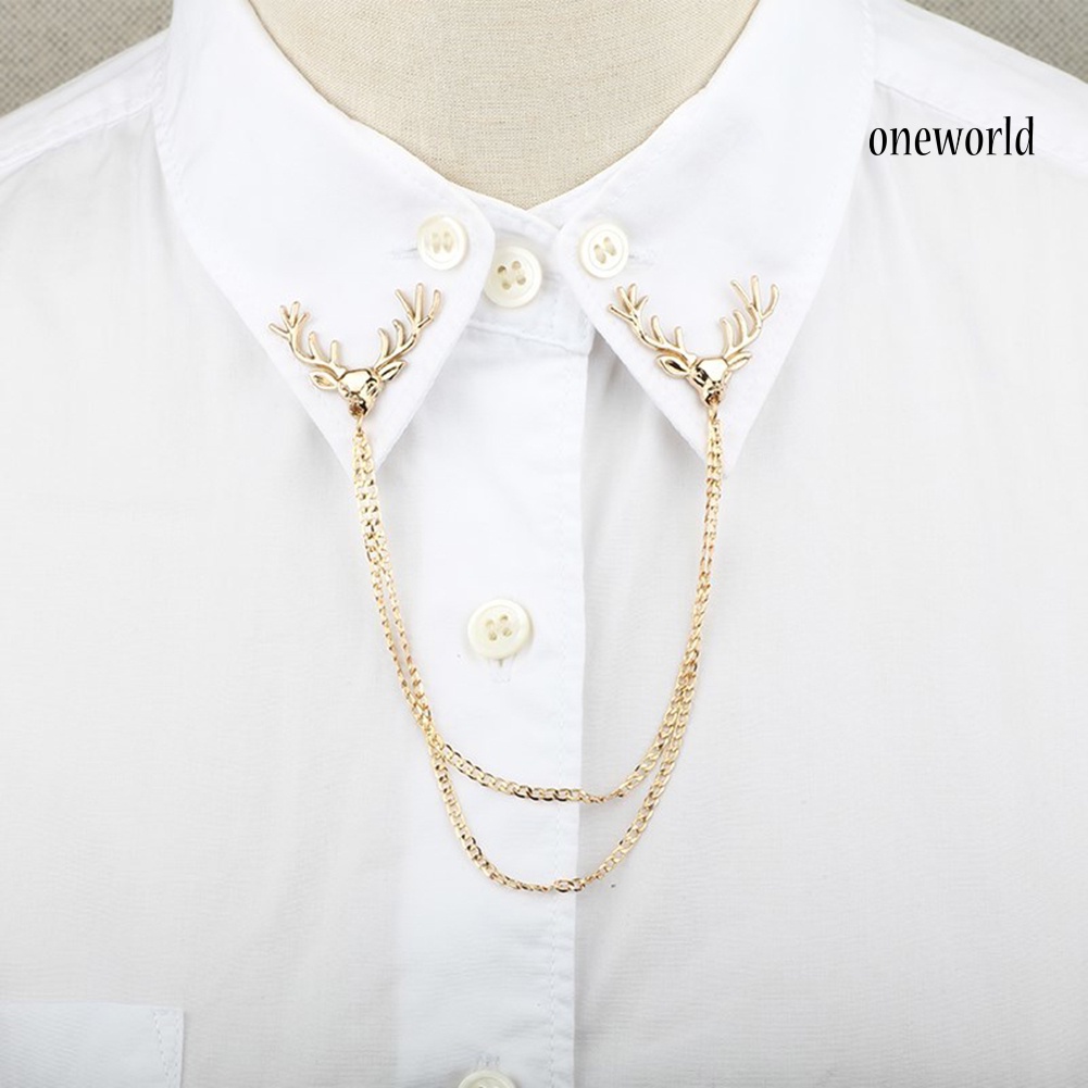 OW@ Fashion Men Women Shirt Suit Collar Deer Head Brooch Pin with Long Chain Gift