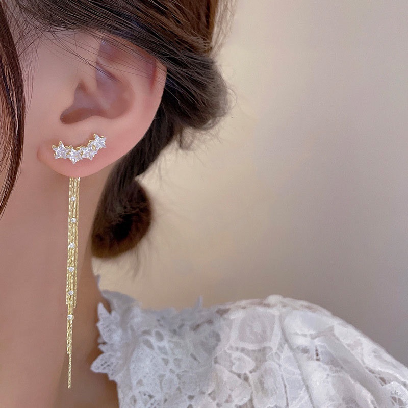 Anting Tusuk Gantung Panjang Bahan Sterling silver 925 Desain Bintang Hias Zircon Gaya Mewah Untuk Wanita
