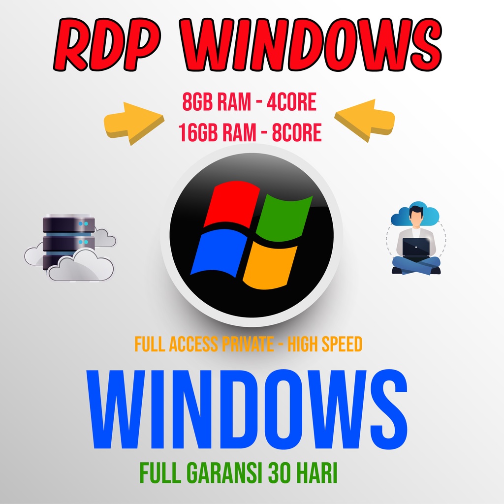 RDP WINDOWS SPEK RAM 8GB-4CORE / RAM 16GB-8CORE FULL ADMIN