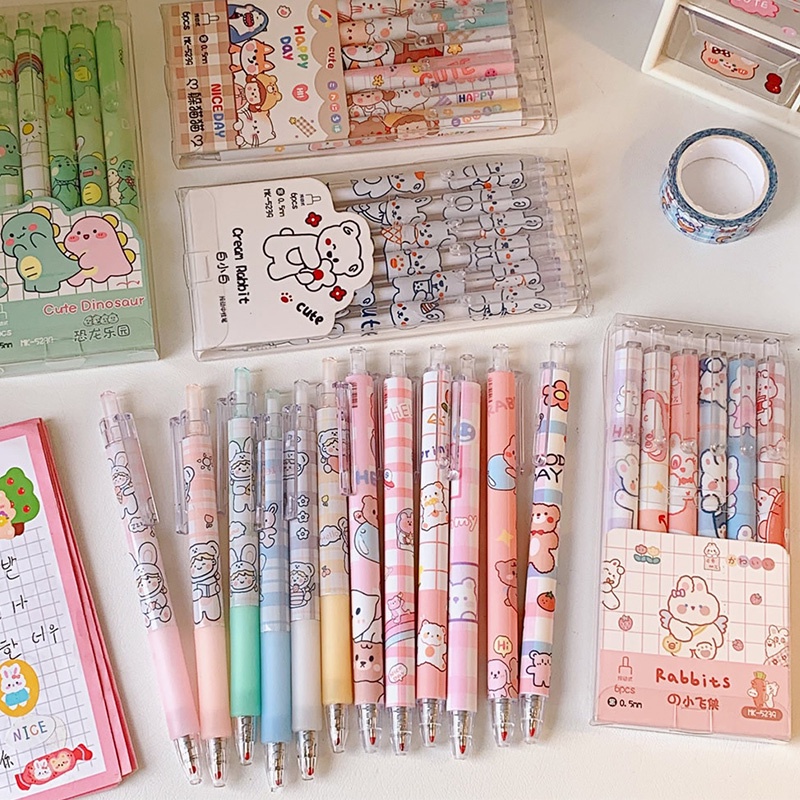 6pcs / Set Pulpen Gel Tinta Hitam 0.5mm Retractable Motif Kartun Untuk Sekolah / Kantor